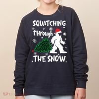 Squatching Through The Snow Christmas Sasquatch Santa Hat Women's Sweatshirt thumb 0