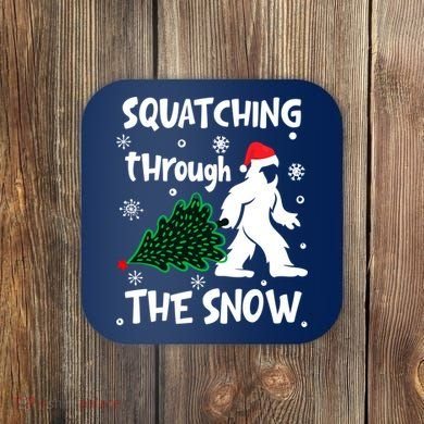 Squatching Through The Snow Christmas Sasquatch Santa Hat Coaster