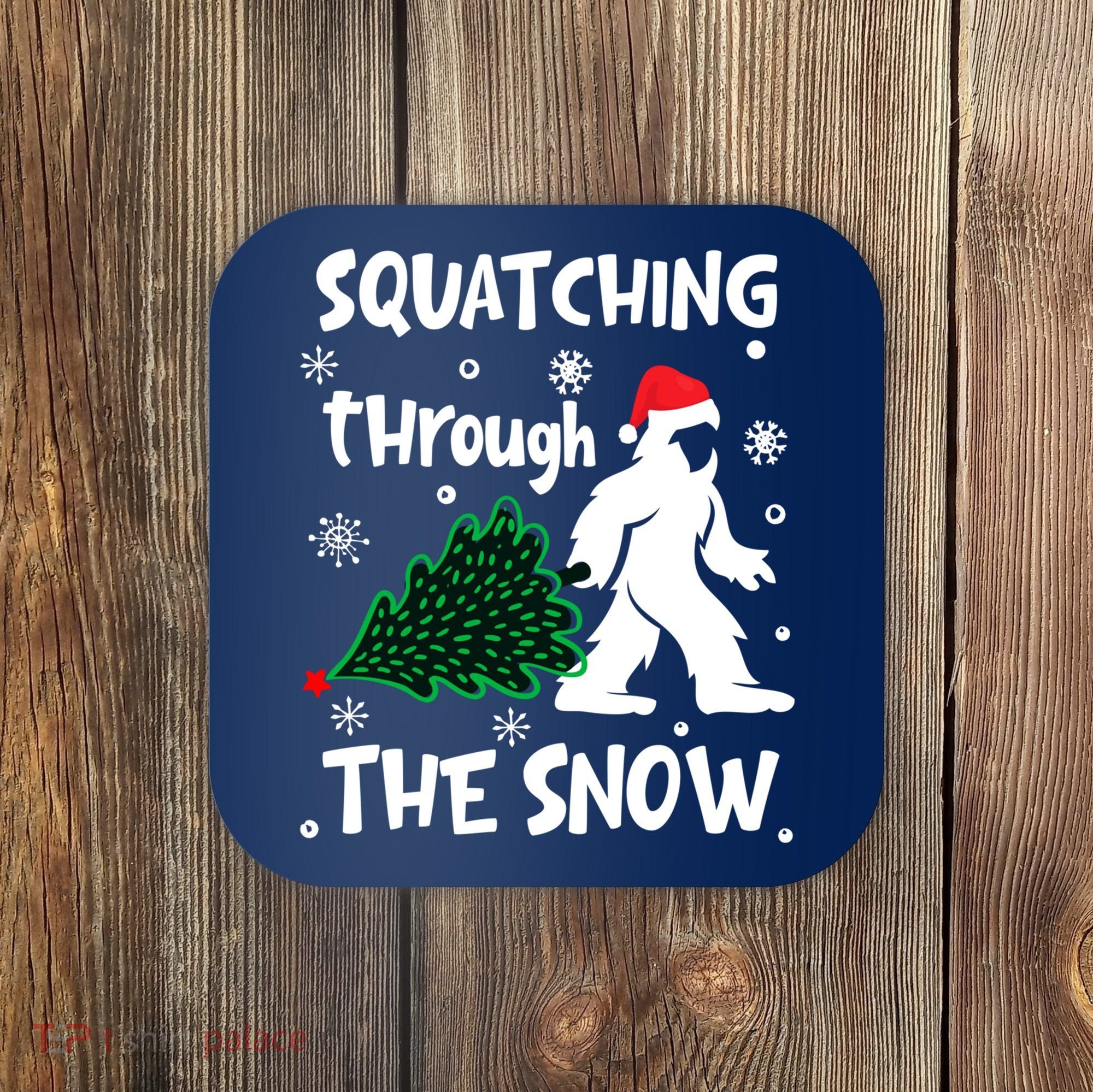 Squatching Through The Snow Christmas Sasquatch Santa Hat Coaster