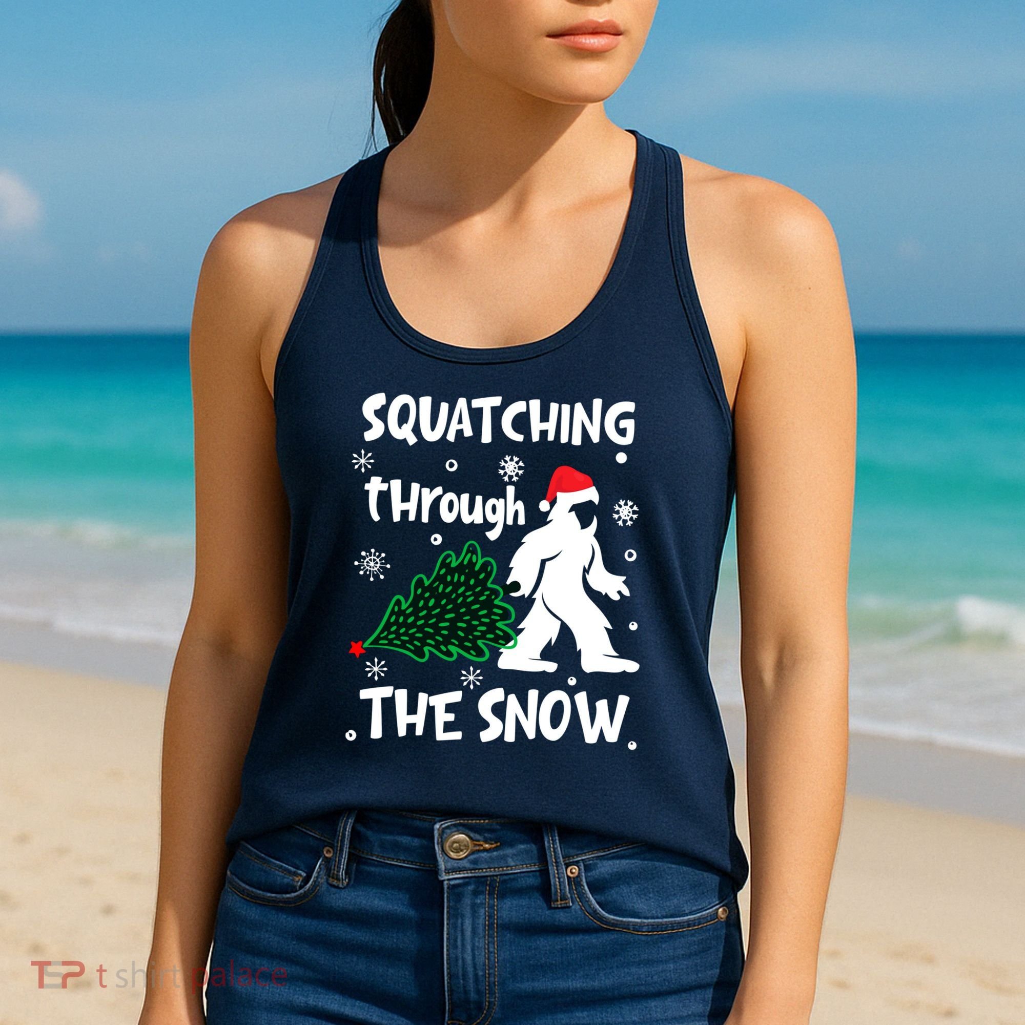 Squatching Through The Snow Christmas Sasquatch Santa Hat Women's Tank Top