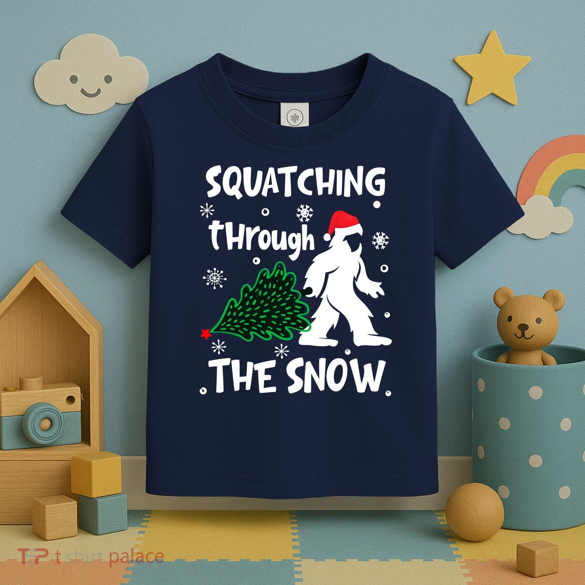 Squatching Through The Snow Christmas Sasquatch Santa Hat Toddler T-Shirt