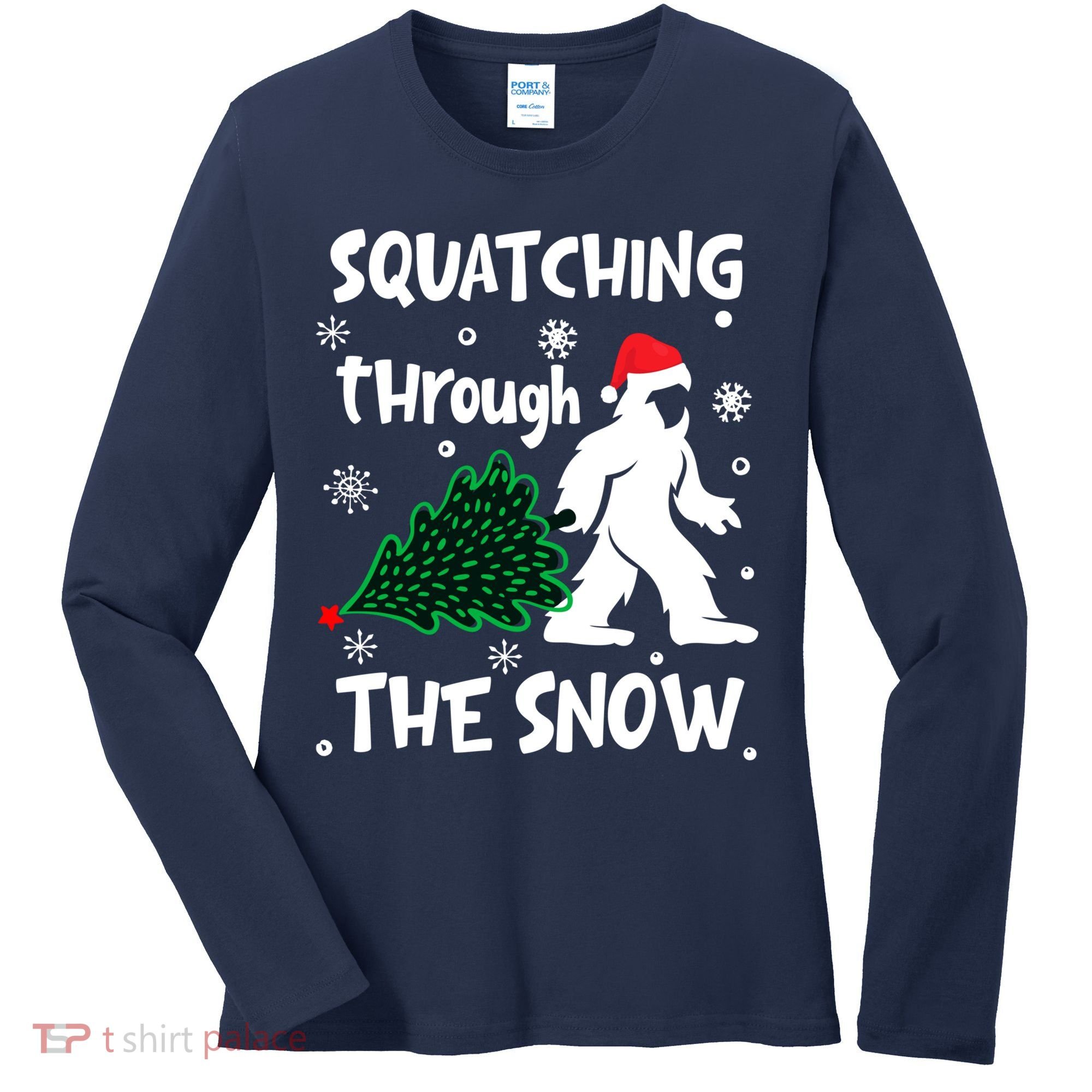 Squatching Through The Snow Christmas Sasquatch Santa Hat Women's Long Sleeve Shirt