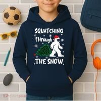 Squatching Through The Snow Christmas Sasquatch Santa Hat Kids Hoodie thumb 2
