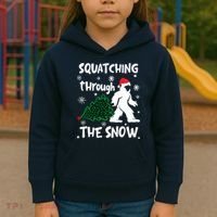 Squatching Through The Snow Christmas Sasquatch Santa Hat Kids Hoodie thumb 3