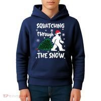Squatching Through The Snow Christmas Sasquatch Santa Hat Kids Hoodie thumb 4