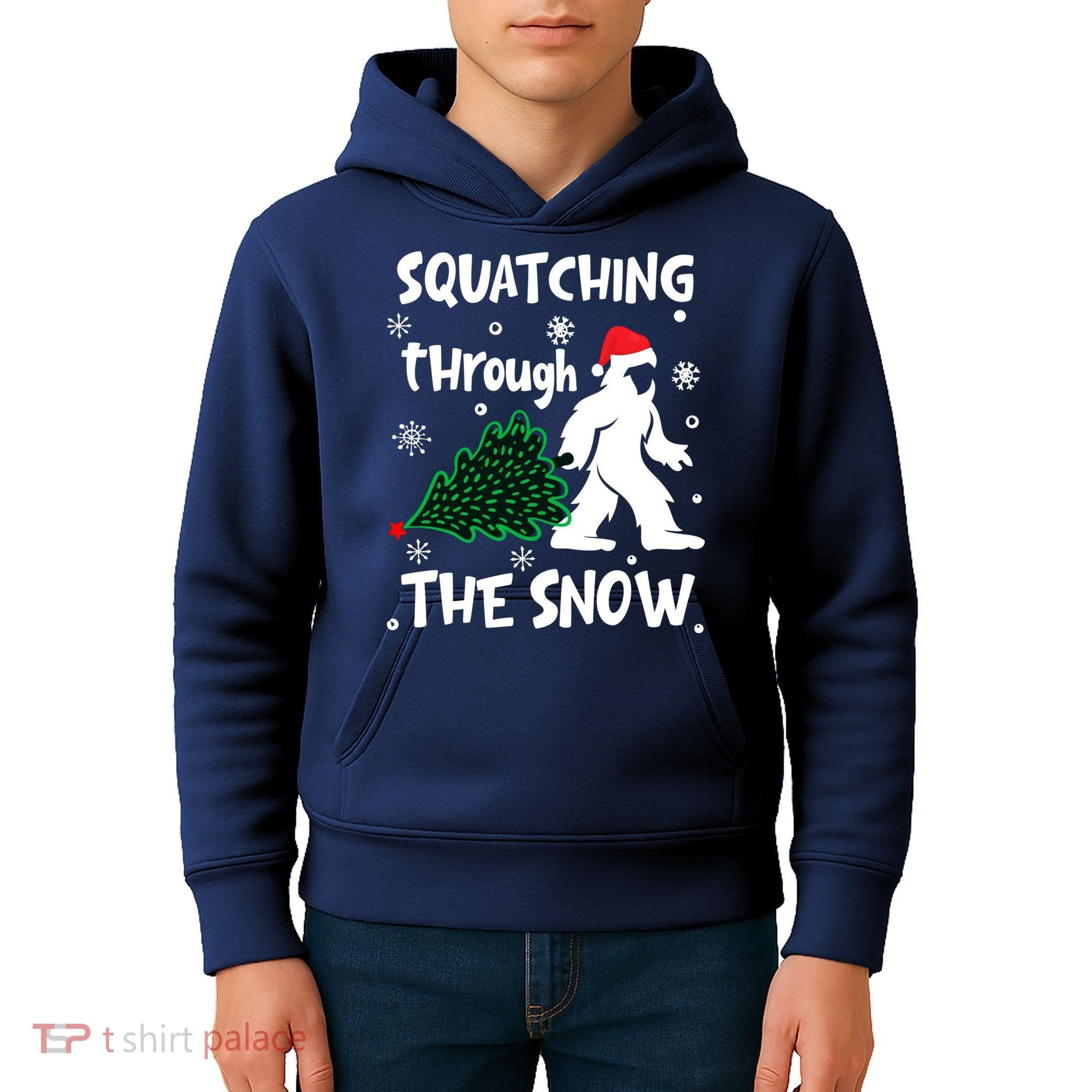 Squatching Through The Snow Christmas Sasquatch Santa Hat Kids Hoodie