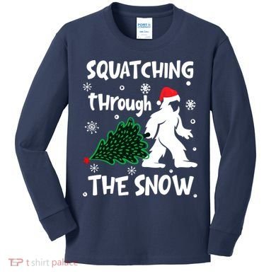 Squatching Through The Snow Christmas Sasquatch Santa Hat Kids Long Sleeve Shirt