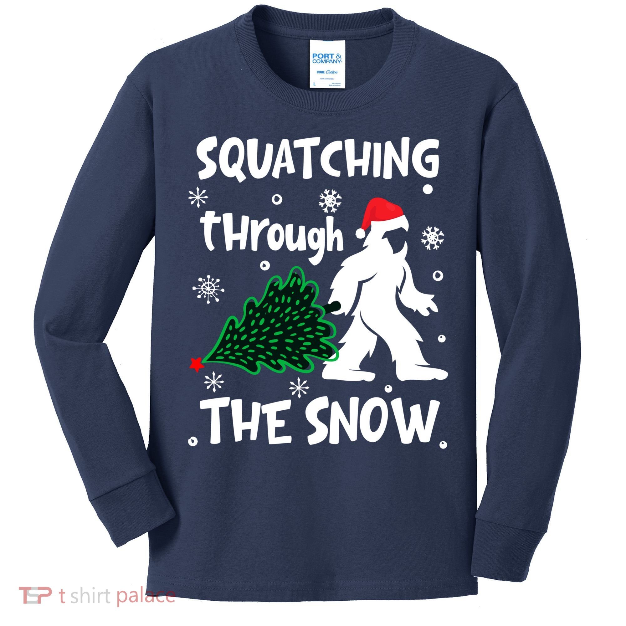 Squatching Through The Snow Christmas Sasquatch Santa Hat Kids Long Sleeve Shirt