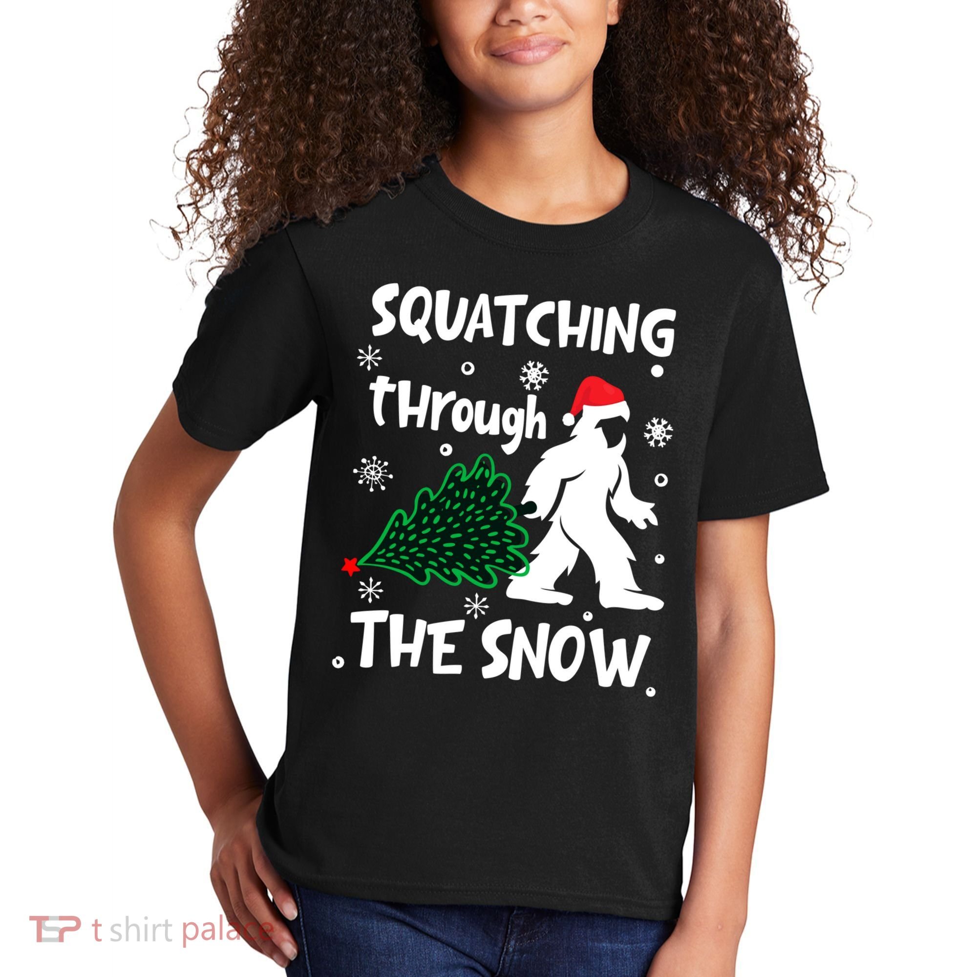 Squatching Through The Snow Christmas Sasquatch Santa Hat Kids T-Shirt