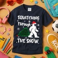 Squatching Through The Snow Christmas Sasquatch Santa Hat Kids T-Shirt thumb 3