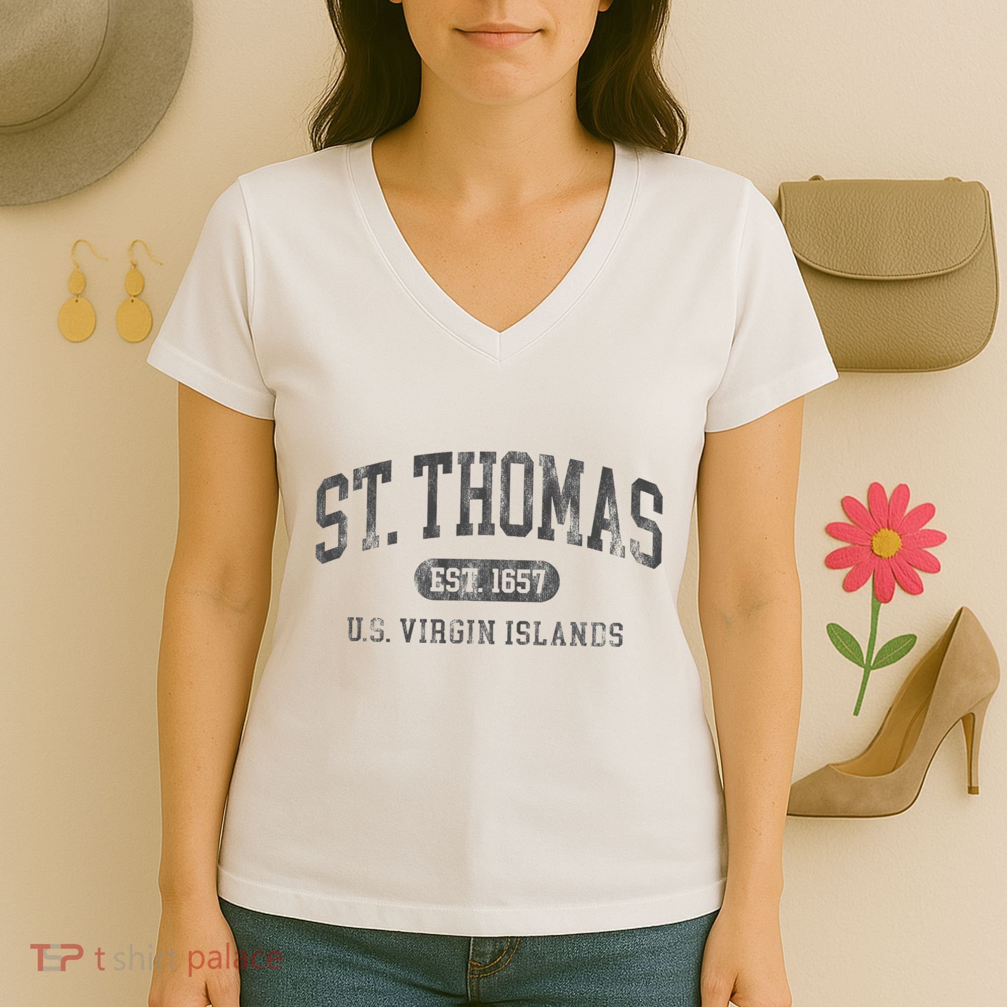 St Thomas Usvi Throwback Text Vacation Souvenir Women's V-Neck T-Shirt