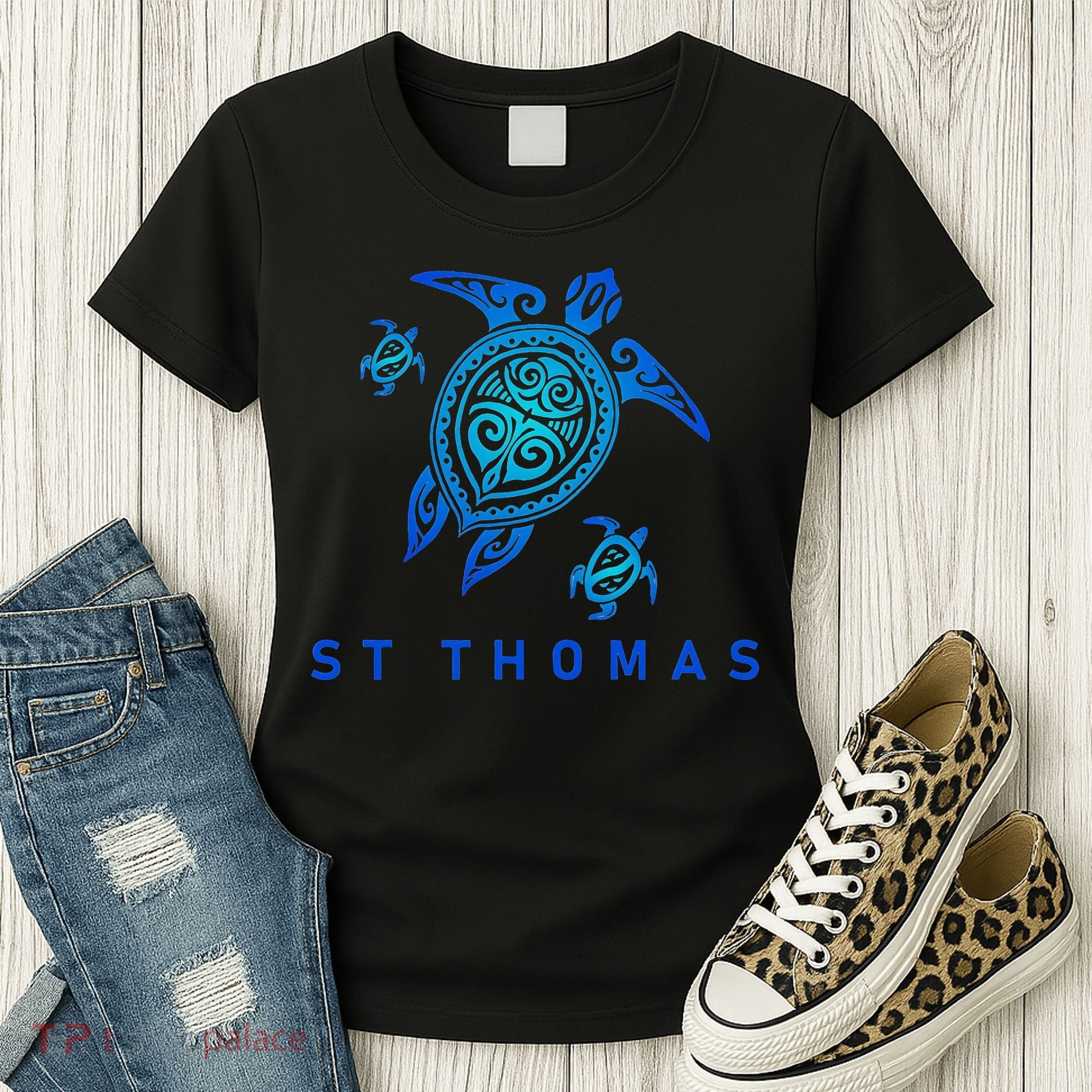 St Thomas Virgin Islands Sea Blue Tribal Turtle Women's T-Shirt