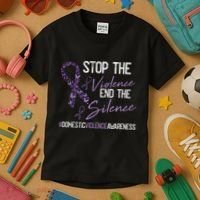 Stop The Violence Domestic Violence Awareness Ribbon Warrior Kids T-Shirt thumb 3