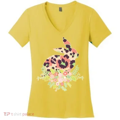 Stylish Leopard Pattern Easter Bunny Women's V-Neck T-Shirt