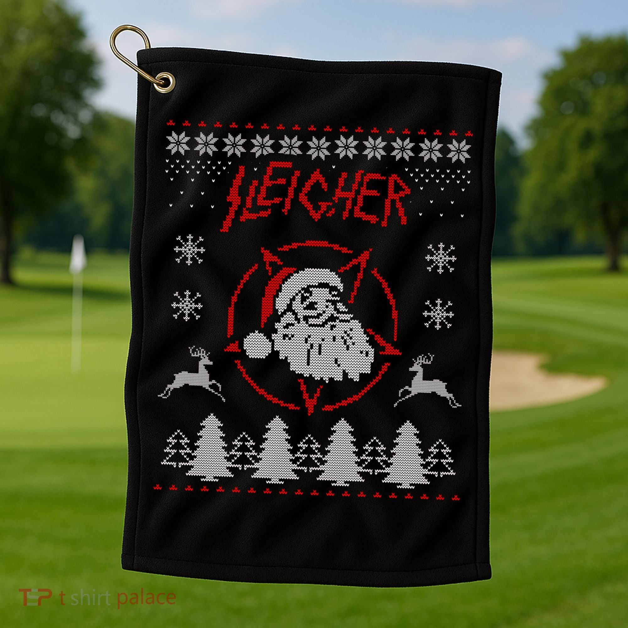 Sleigher Ugly Christmas graphic Santa Metal print Golf Towel