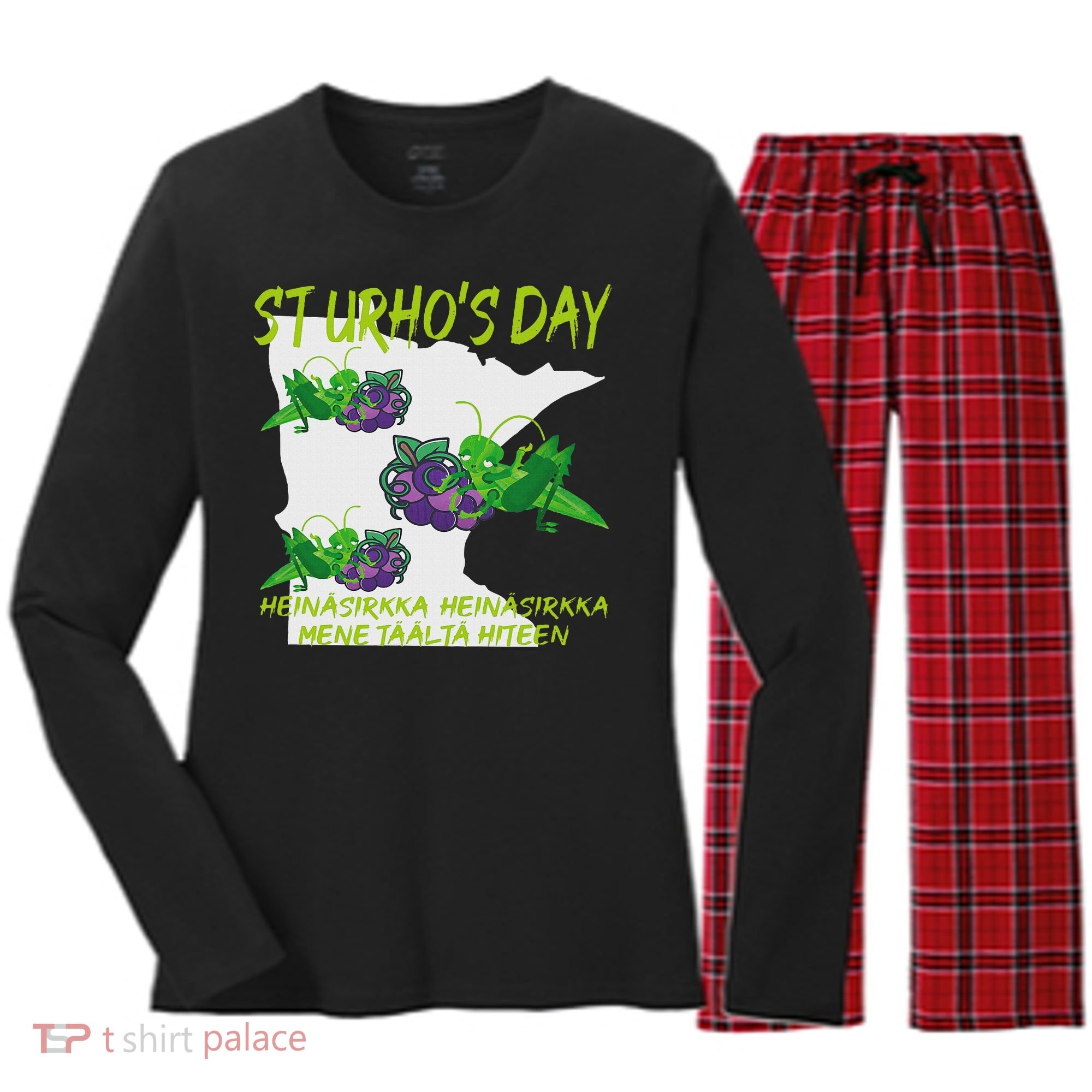 St Urhos Day Grasshopper Grapes Vineyard Gift Minnesota Map Women's Long Sleeve Flannel Pajama Set 
