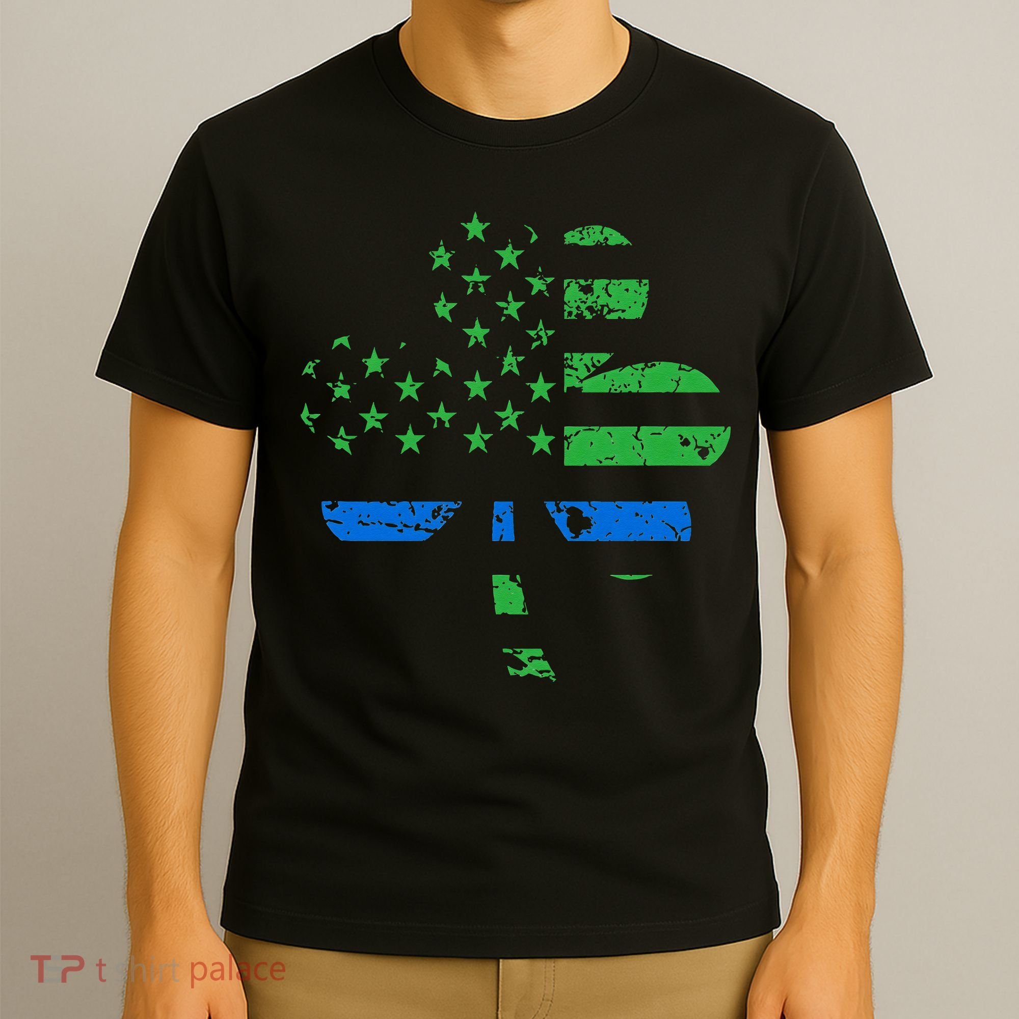 Shamrock USA Flag Thin Blue Line Police St Patricks Day T-Shirt