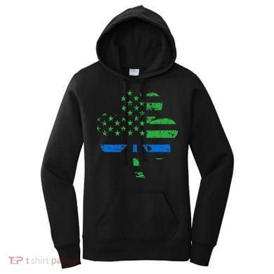 Shamrock USA Flag Thin Blue Line Police St Patricks Day Women's Hoodie