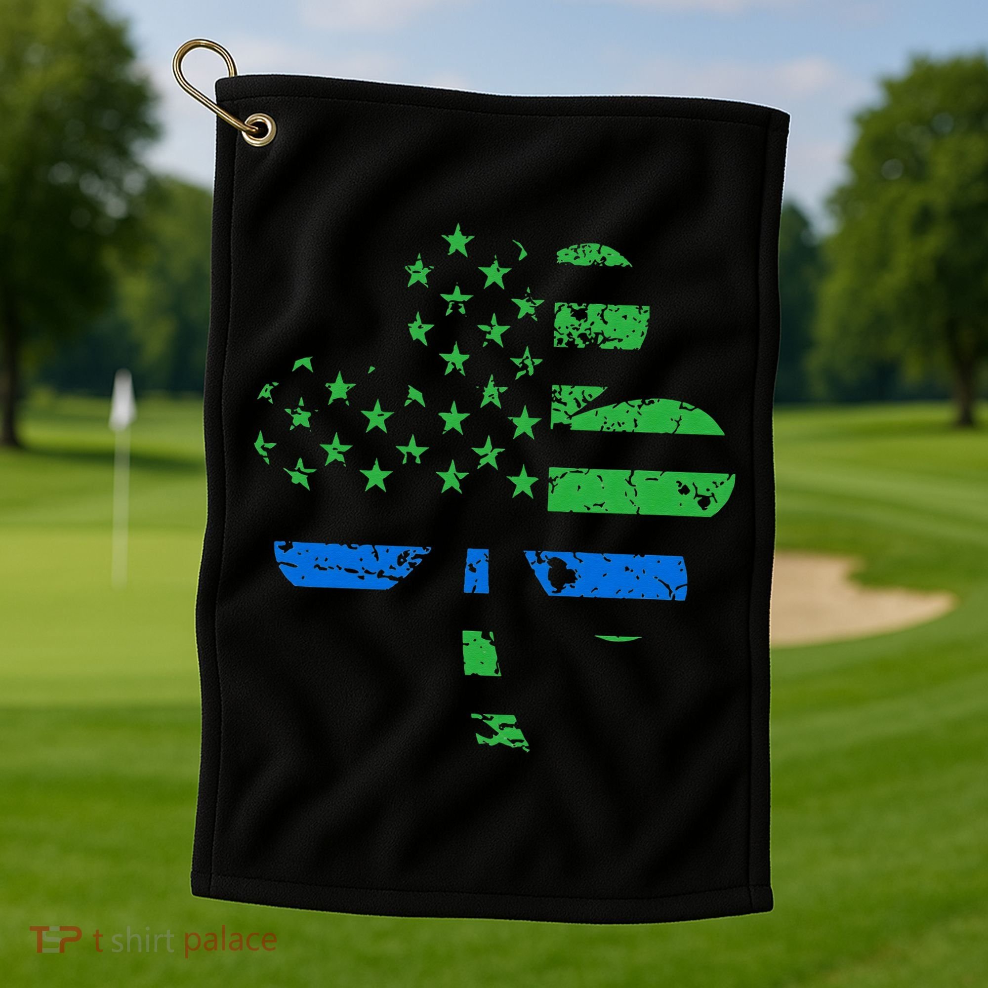 Shamrock USA Flag Thin Blue Line Police St Patricks Day Golf Towel