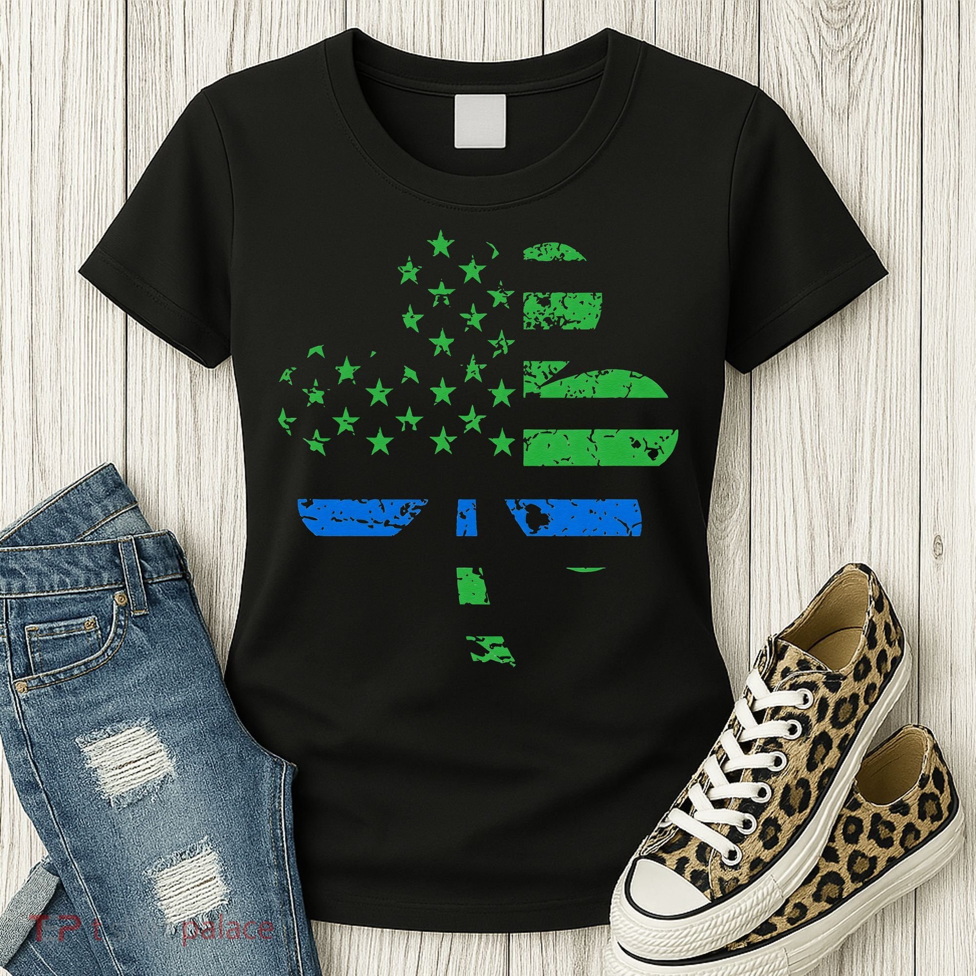 Shamrock USA Flag Thin Blue Line Police St Patricks Day Women's T-Shirt