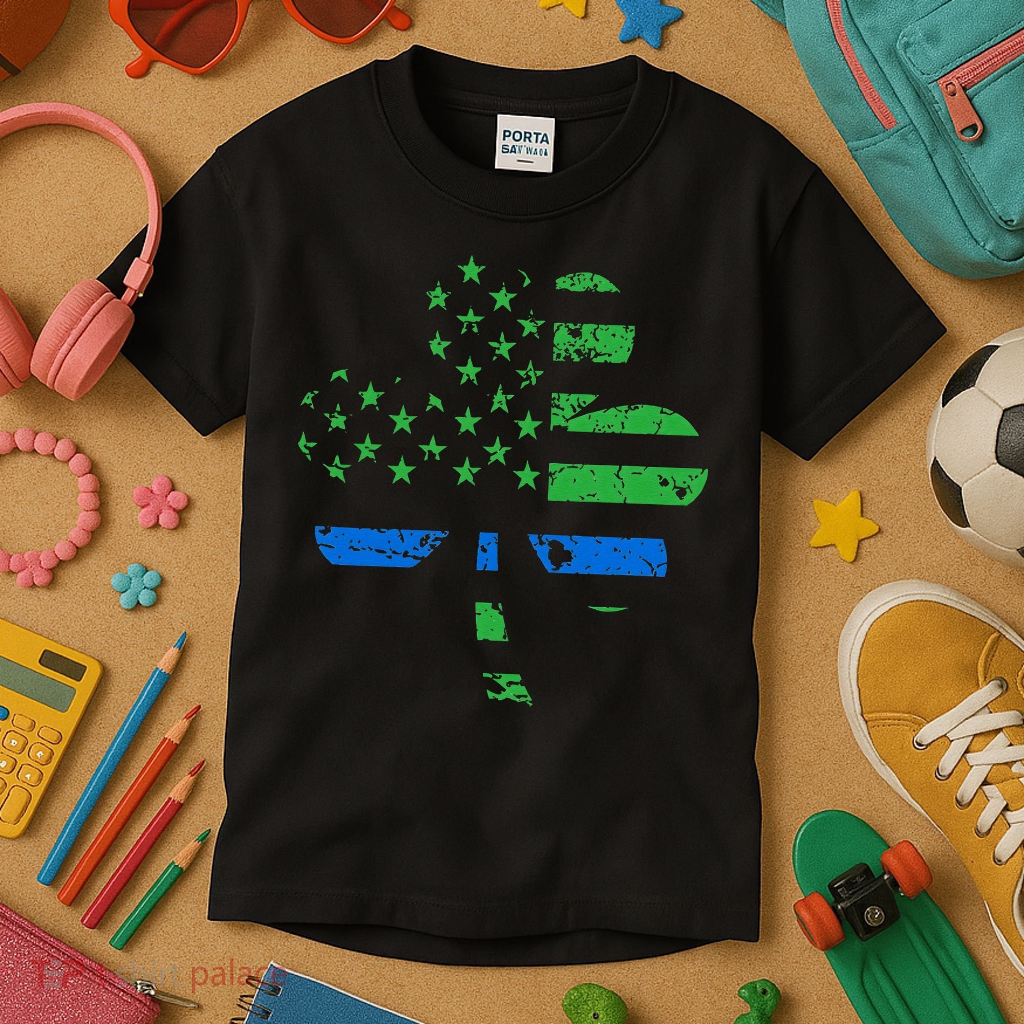 Shamrock USA Flag Thin Blue Line Police St Patricks Day Kids T-Shirt