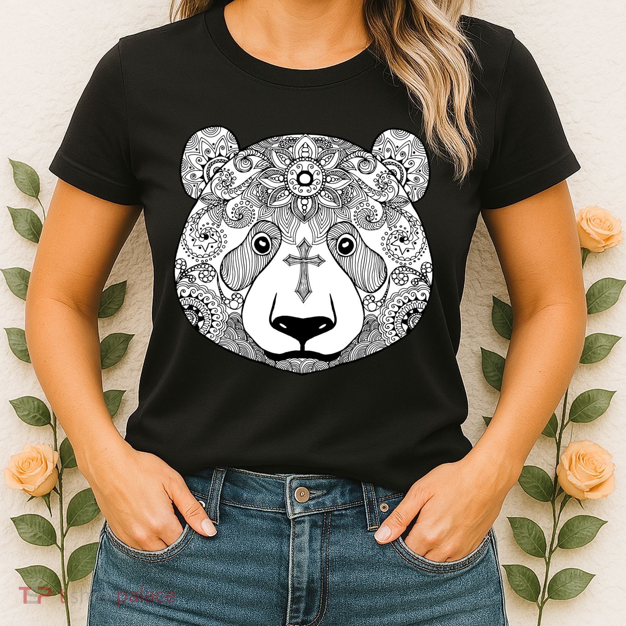 Sugar Flower Grey Style Panda Bear Women's T-Shirt