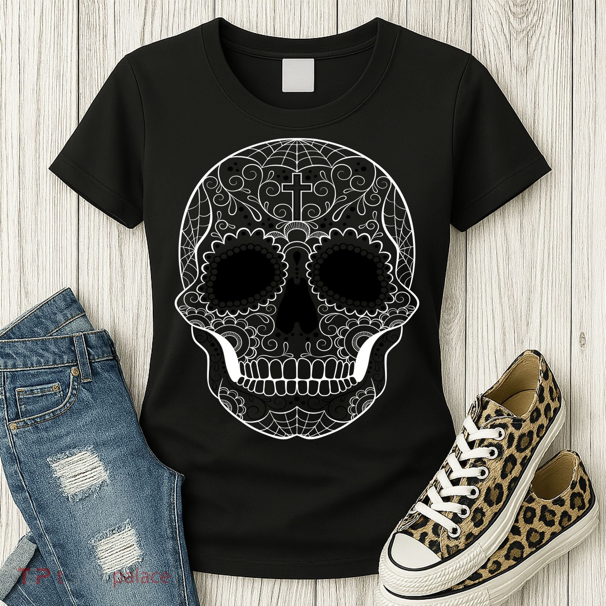 Sugar Skull Black & White Day of the Dead Women's T-Shirt
