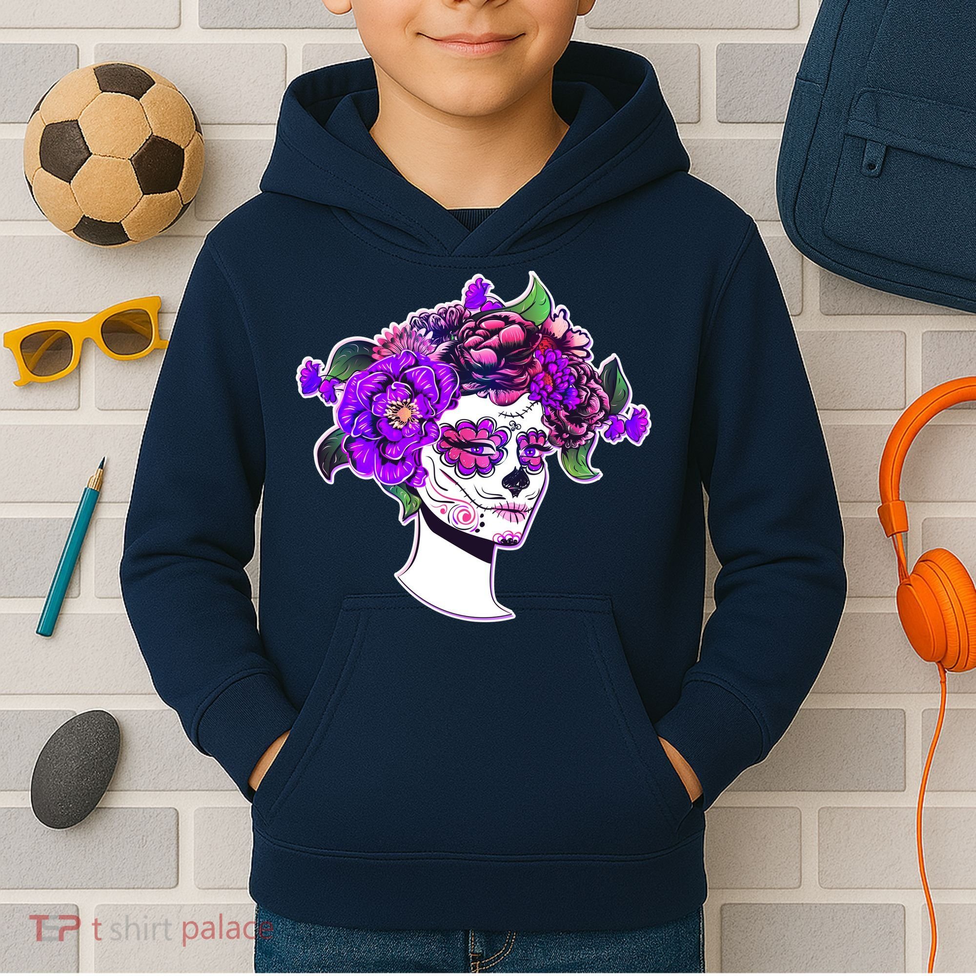 Sugar Skull Flower Girl Kids Hoodie