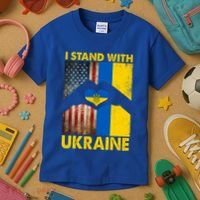Support Ukraine I Stand With Us American Ukrainian Flag Kids T-Shirt thumb 3
