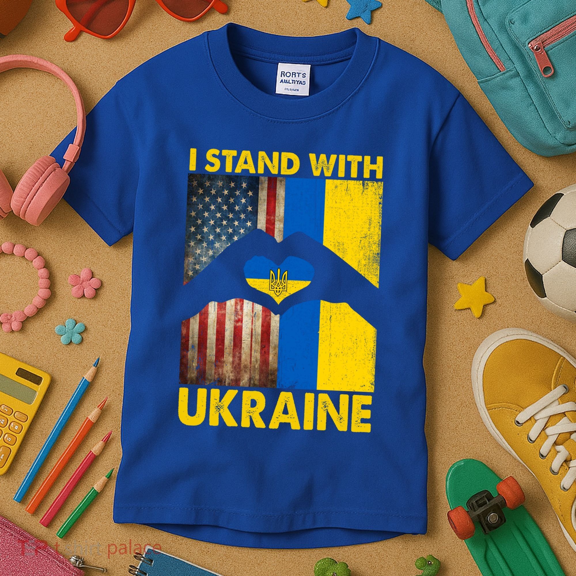 Support Ukraine I Stand With Us American Ukrainian Flag Kids T-Shirt