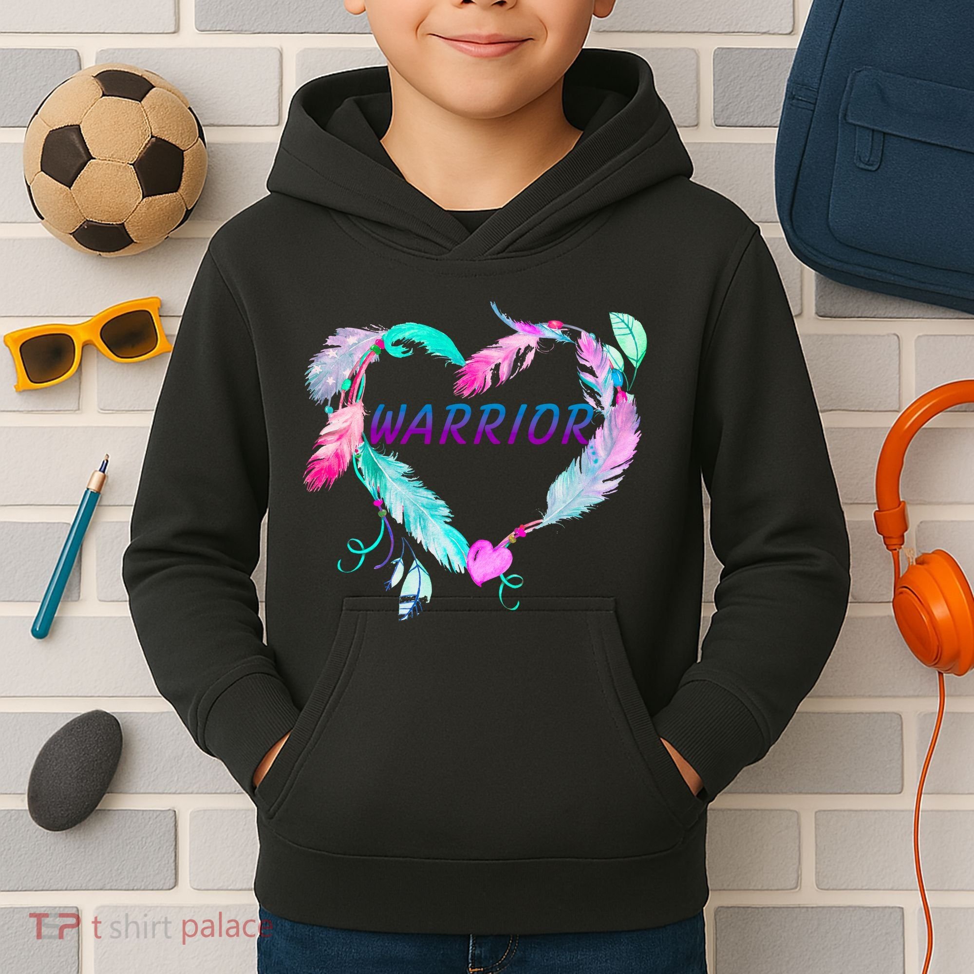 Suicide Prevention Warrior Feather Heart Support Kids Hoodie