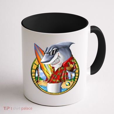 Summertime Beach Shark Surfing Coffee Mug back