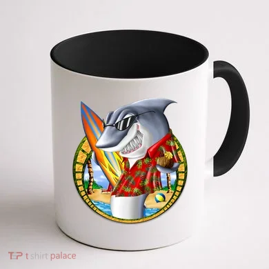 Summertime Beach Shark Surfing Coffee Mug back