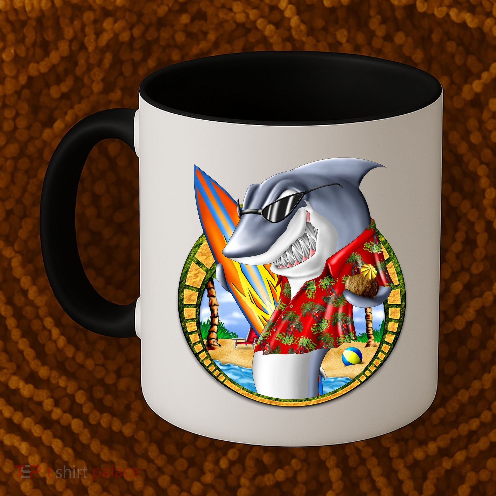 Summertime Beach Shark Surfing Coffee Mug