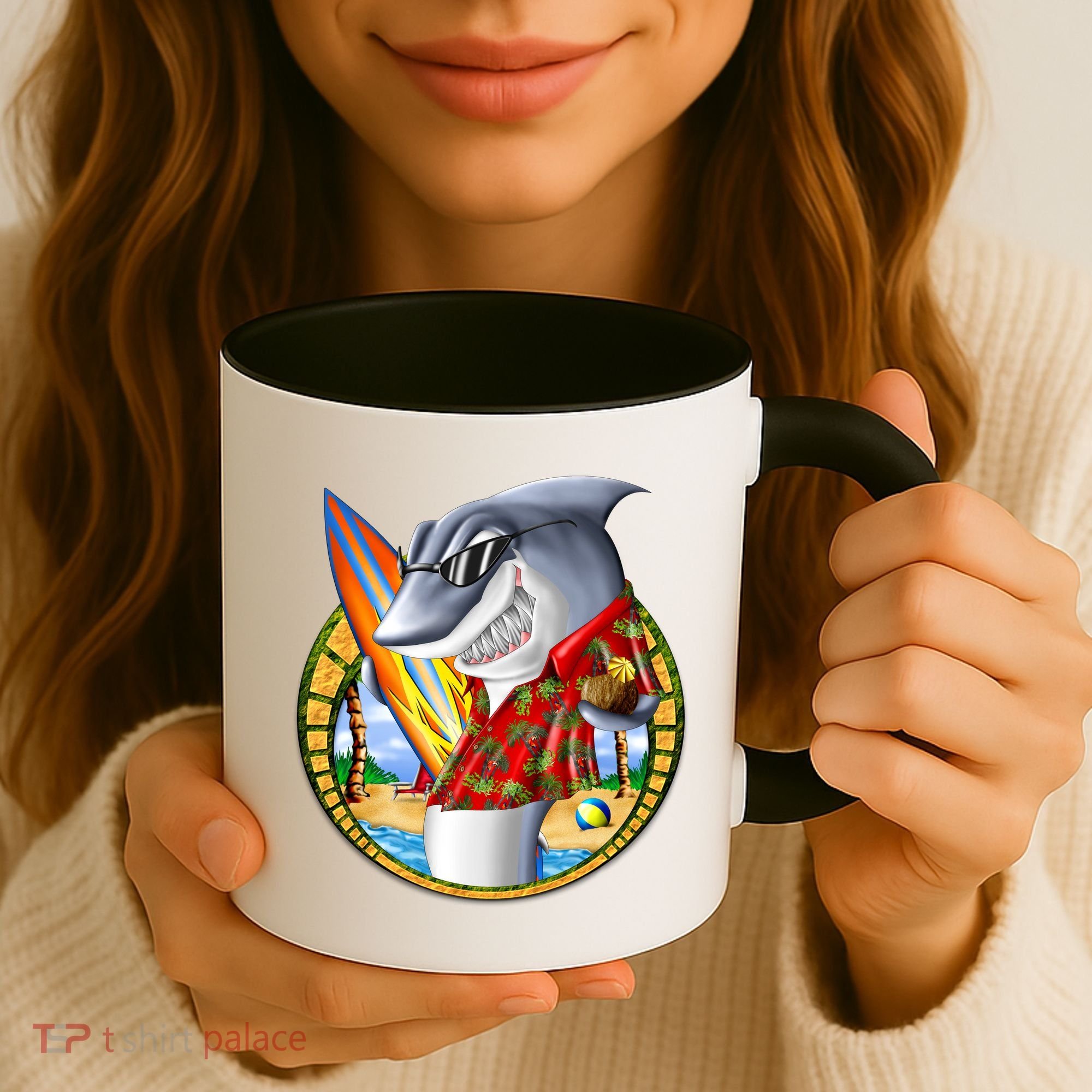 Summertime Beach Shark Surfing Coffee Mug