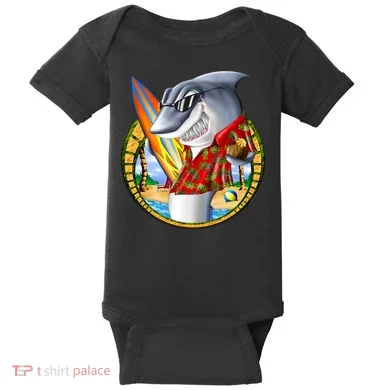 Summertime Beach Shark Surfing Baby Bodysuit