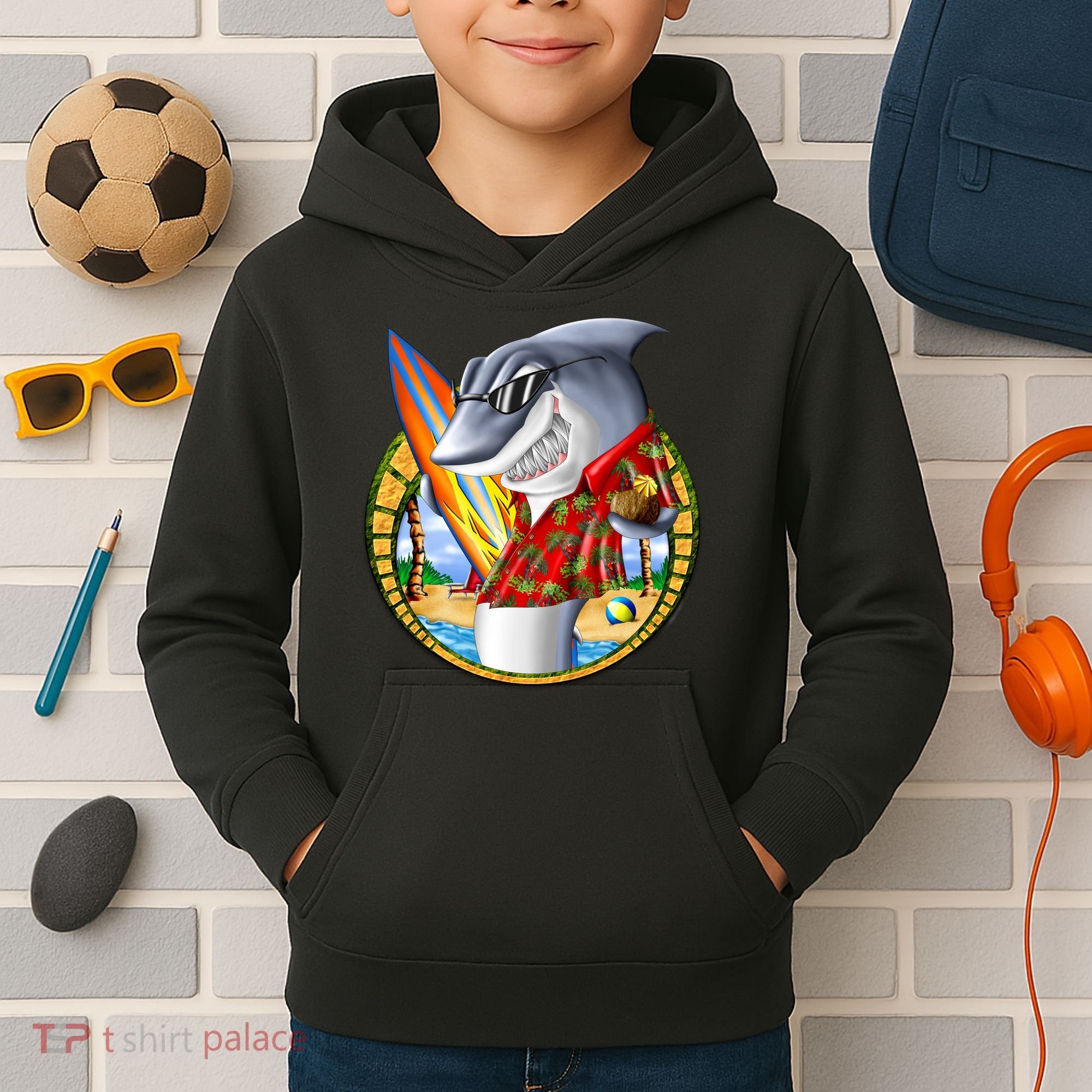 Summertime Beach Shark Surfing Kids Hoodie