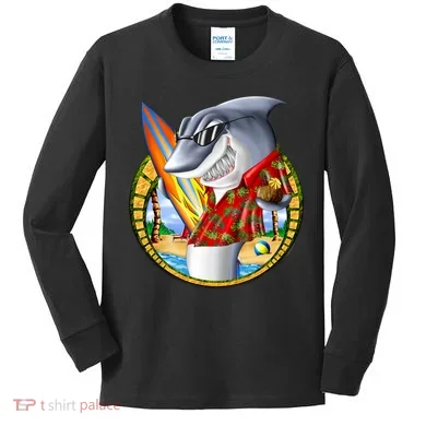 Summertime Beach Shark Surfing Kids Long Sleeve Shirt