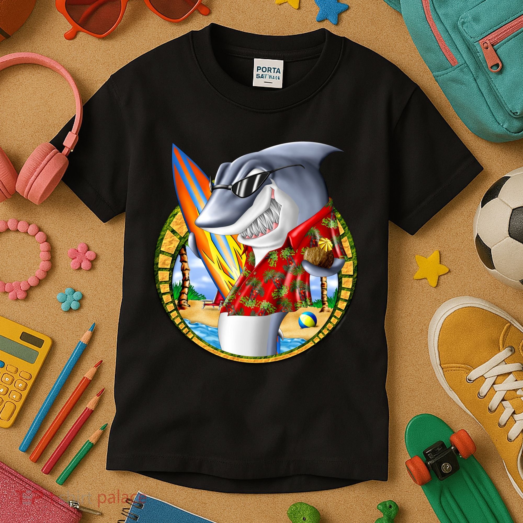 Summertime Beach Shark Surfing Kids T-Shirt