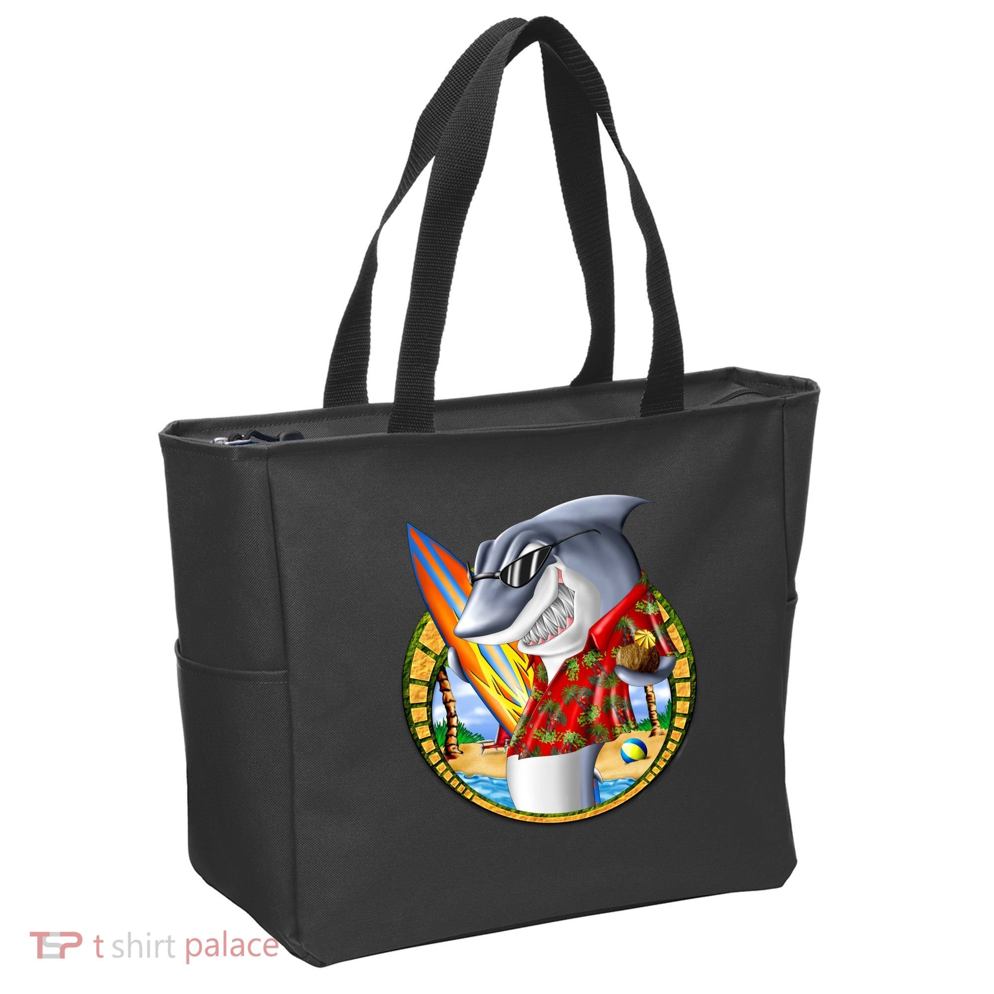 Summertime Beach Shark Surfing Tote Bag