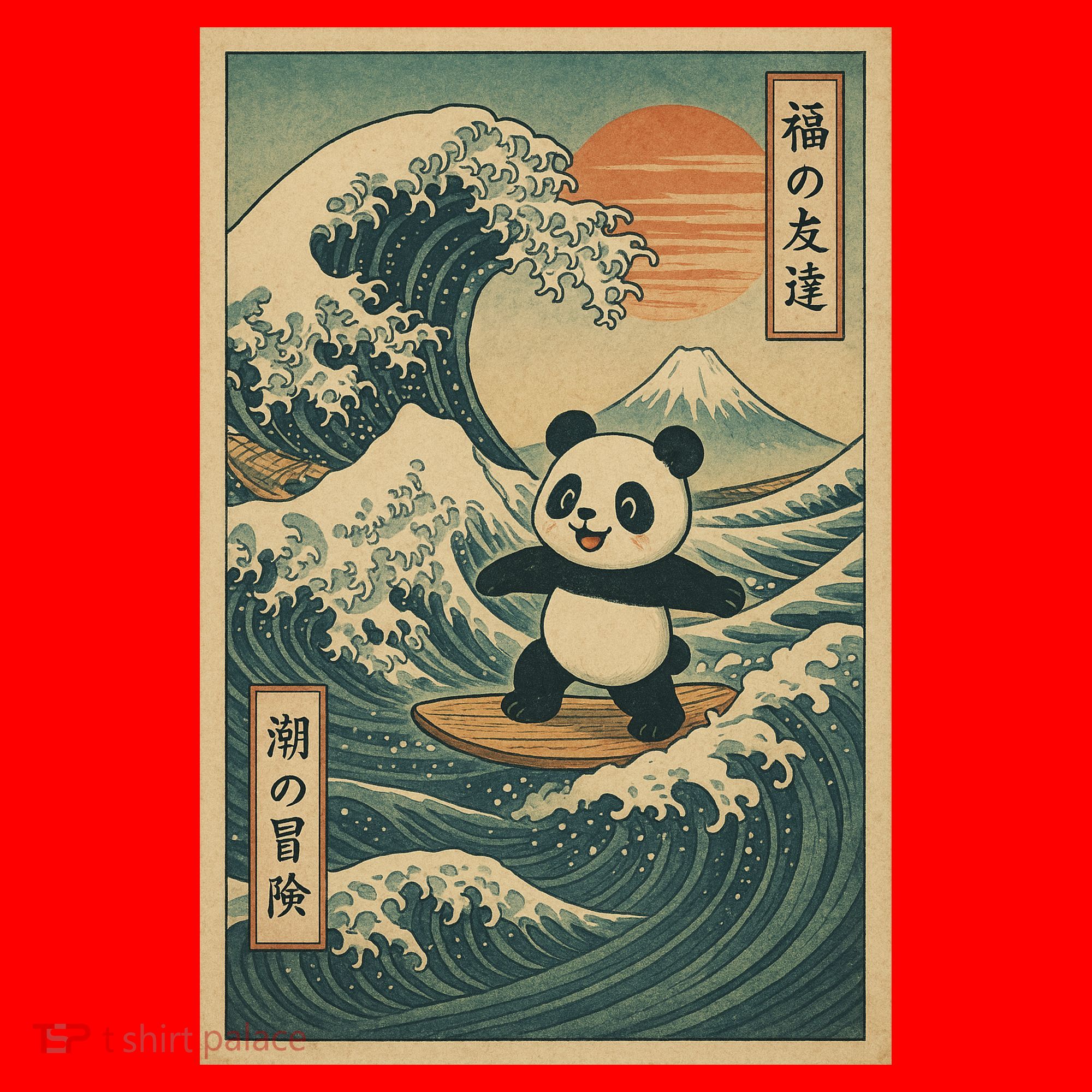 Surf’s Up Panda Retro Japanese Wave Adventure Ukiyo-e  Santa Hat
