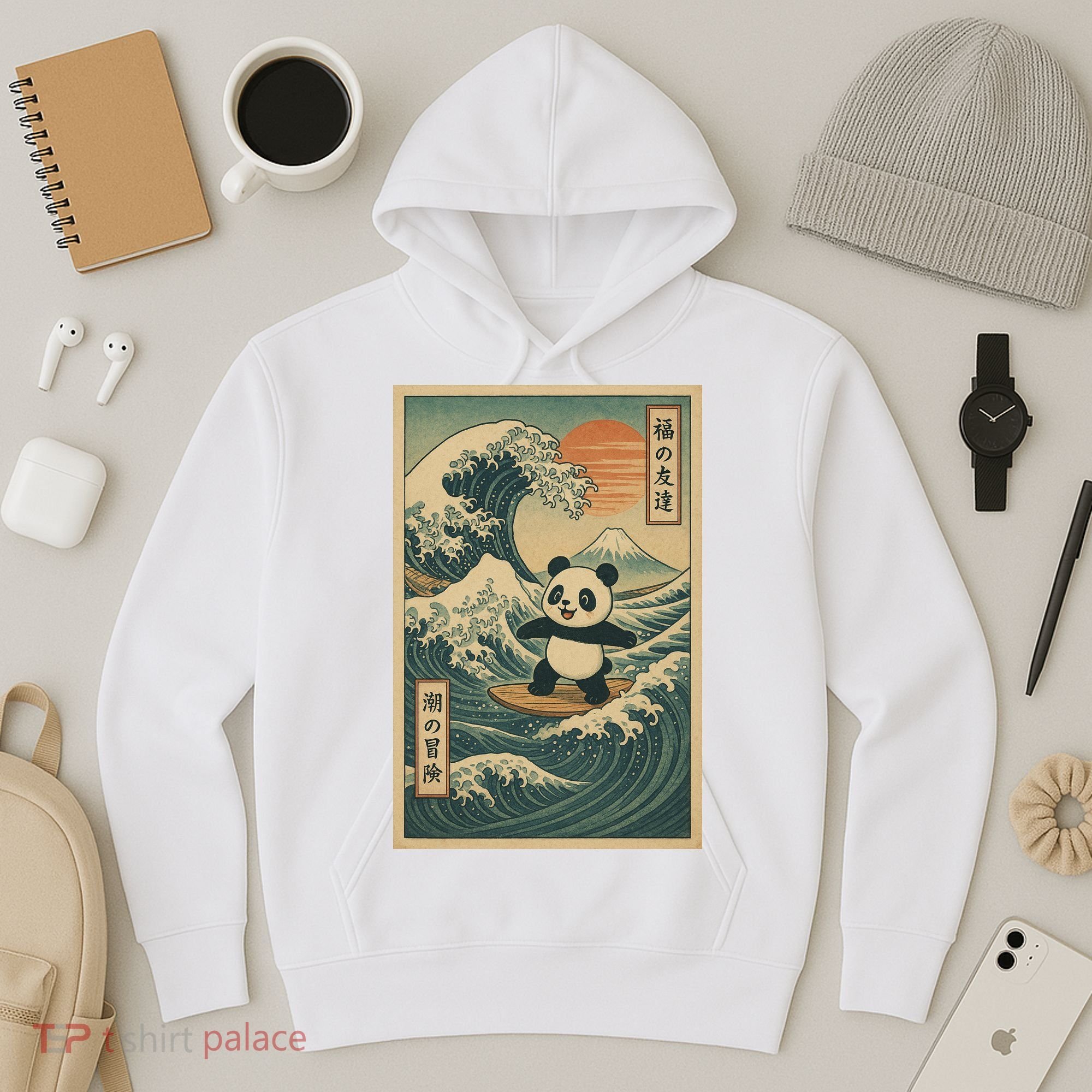 Surf’s Up Panda Retro Japanese Wave Adventure Ukiyo-e  Hoodie