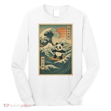 Surf’s Up Panda Retro Japanese Wave Adventure Ukiyo-e  Long Sleeve Shirt