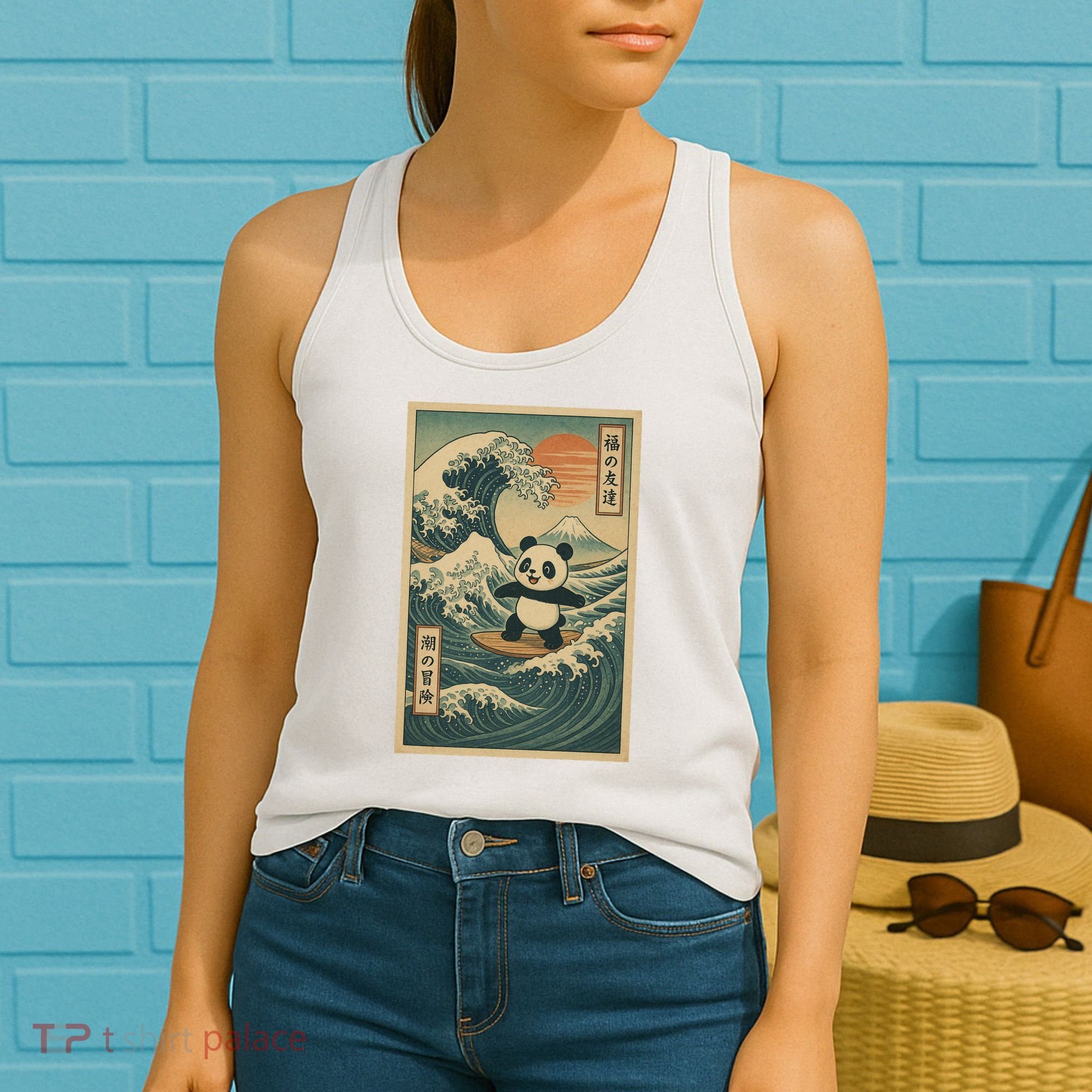 Surf’s Up Panda Retro Japanese Wave Adventure Ukiyo-e  Women's Tank Top
