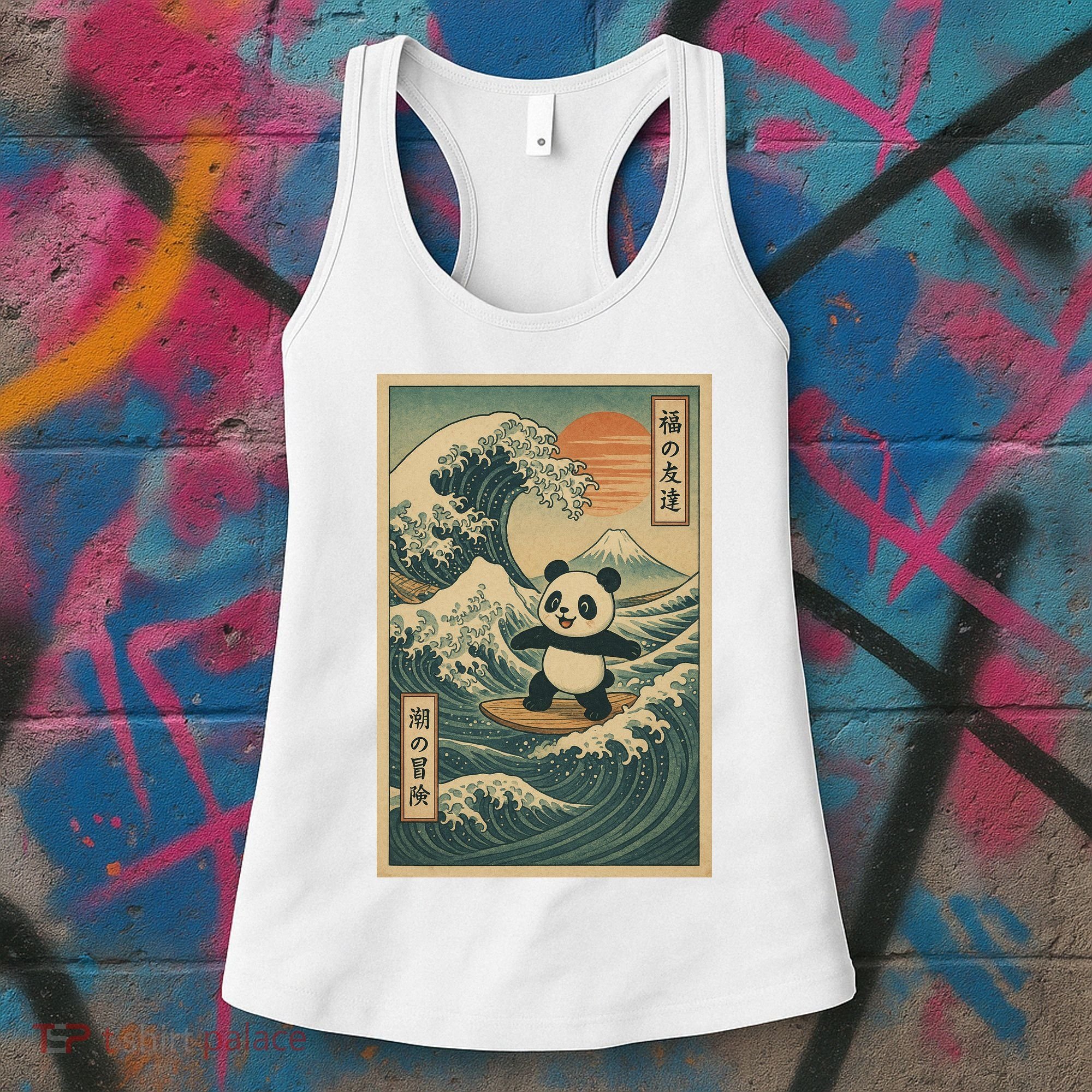 Surf’s Up Panda Retro Japanese Wave Adventure Ukiyo-e  Women's Tank Top