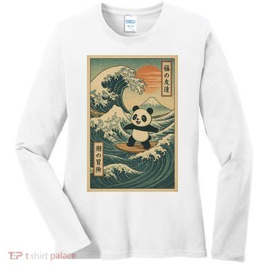 Surf’s Up Panda Retro Japanese Wave Adventure Ukiyo-e  Women's Long Sleeve Shirt