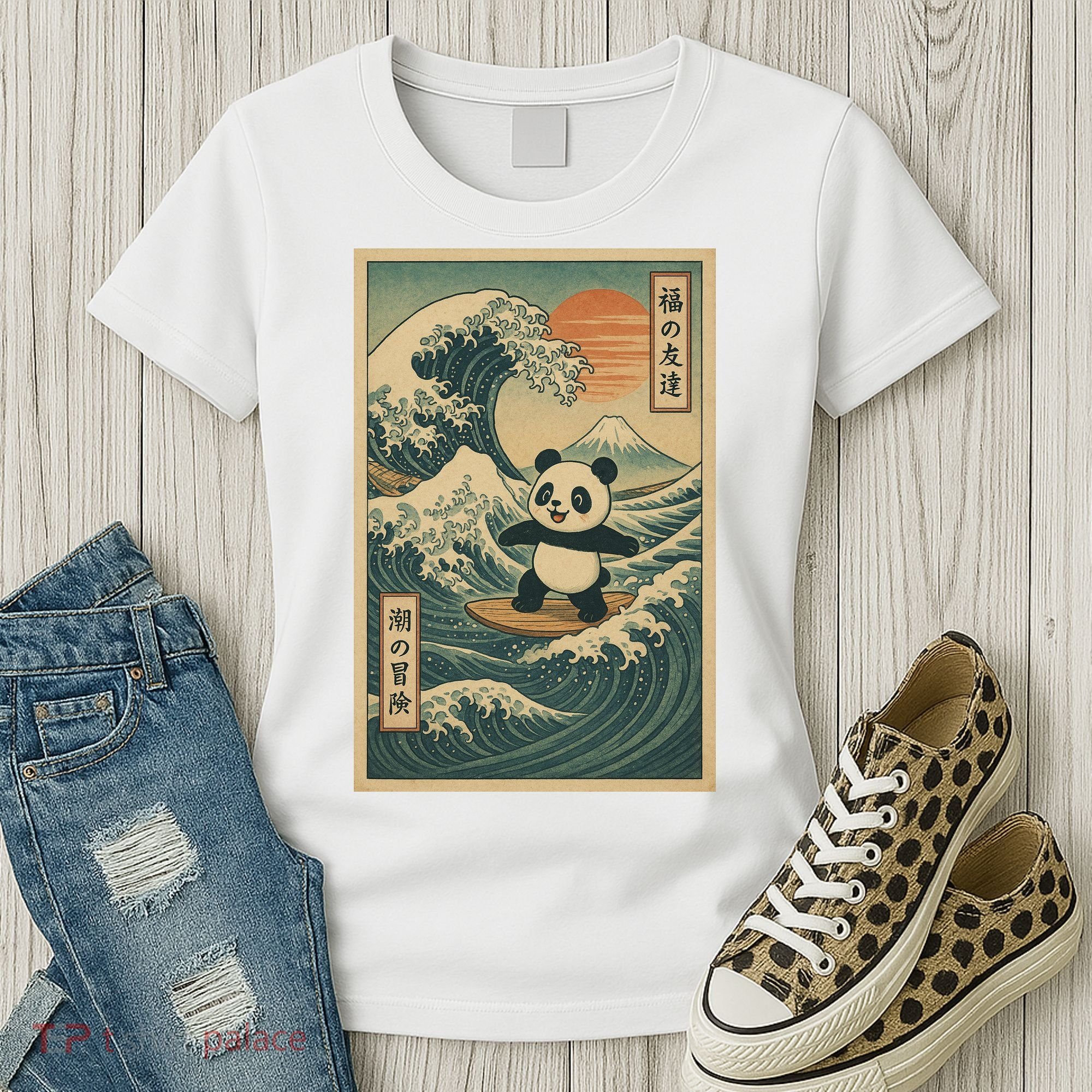 Surf’s Up Panda Retro Japanese Wave Adventure Ukiyo-e  Women's T-Shirt