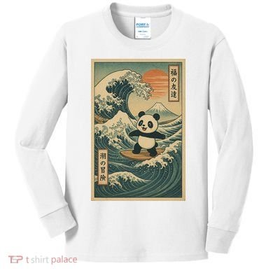 Surf’s Up Panda Retro Japanese Wave Adventure Ukiyo-e  Kids Long Sleeve Shirt