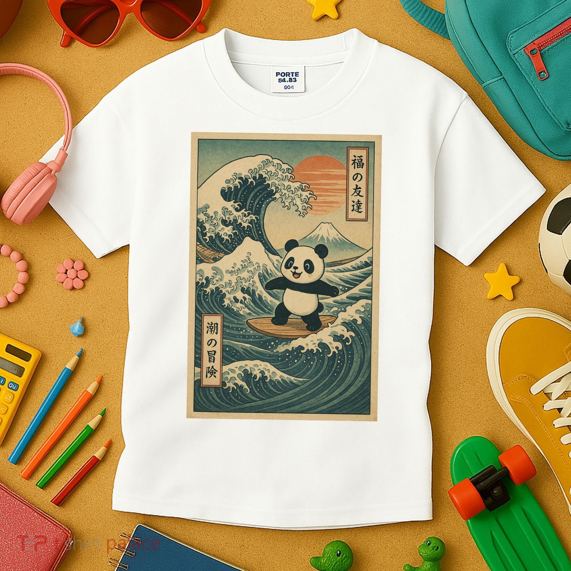 Surf’s Up Panda Retro Japanese Wave Adventure Ukiyo-e  Kids T-Shirt