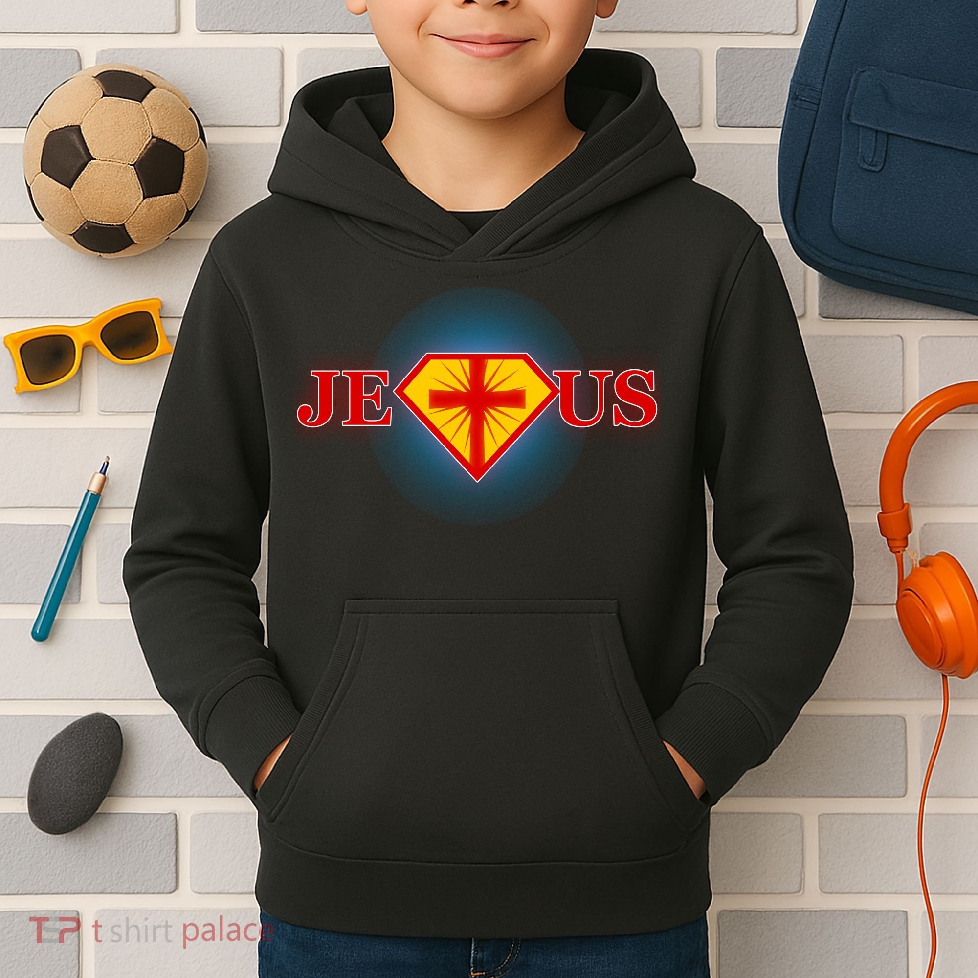 Super Jesus Superhero Comic Logo Kids Hoodie
